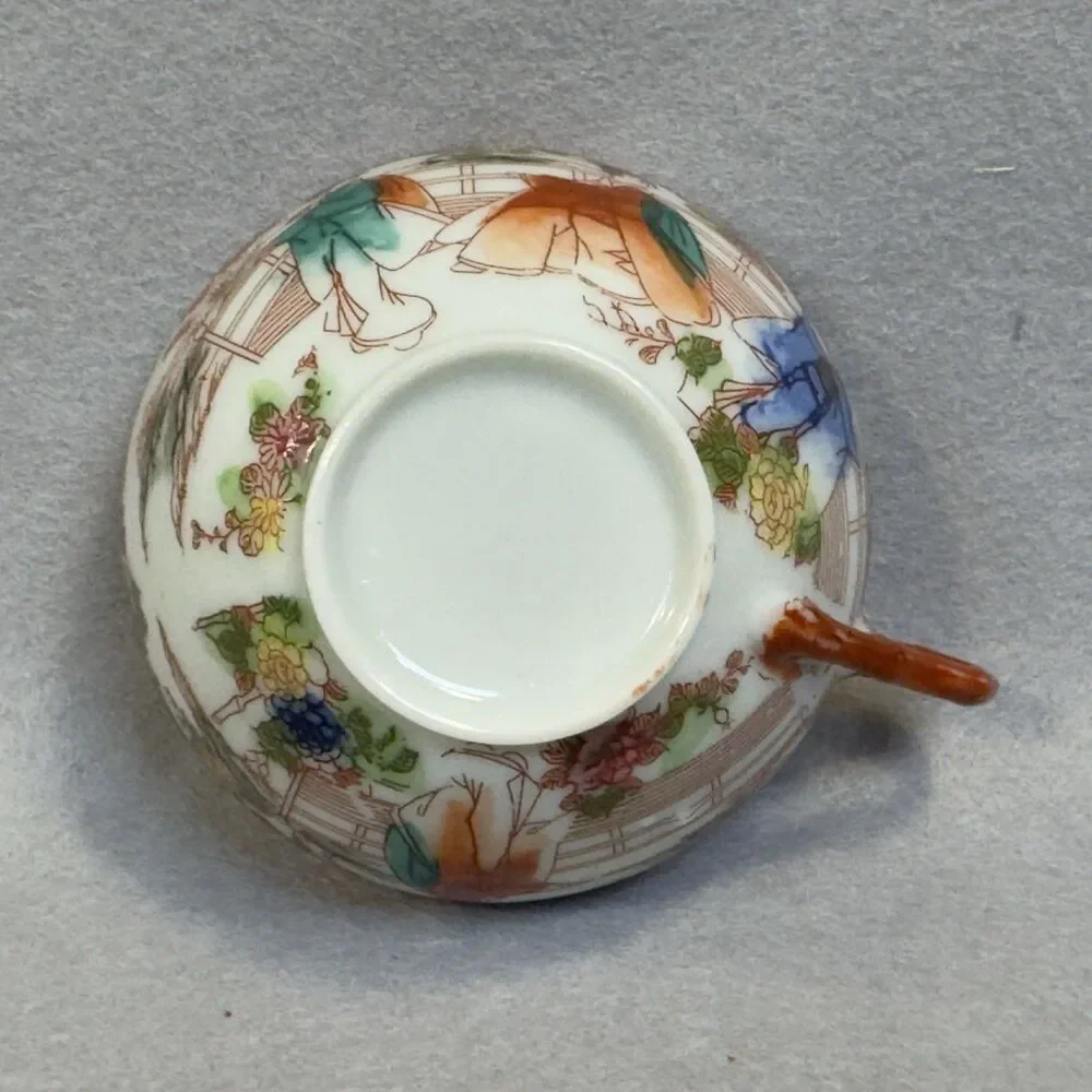 Vintage Japanese Eggshell Porcelain Geisha Pagoda Tea Cup Saucer Orange Red